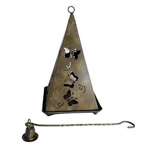 Antiqued Bronze Metal Pyramid Candle Holder and Snuffer Laser Cut Butterflies
